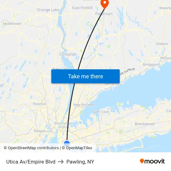 Utica Av/Empire Blvd to Pawling, NY map