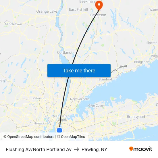 Flushing Av/North Portland Av to Pawling, NY map