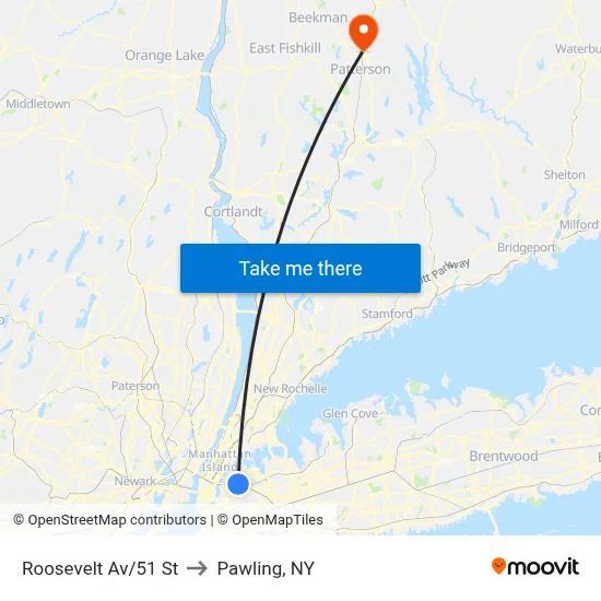 Roosevelt Av/51 St to Pawling, NY map