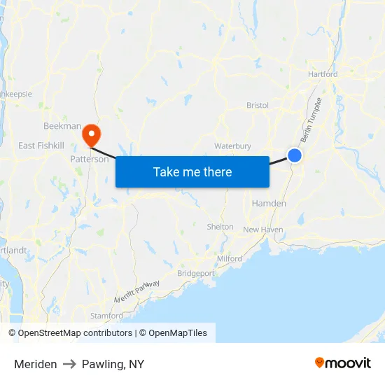 Meriden to Pawling, NY map