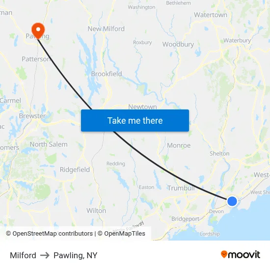Milford to Pawling, NY map