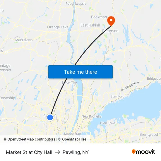 Market St at City Hall to Pawling, NY map