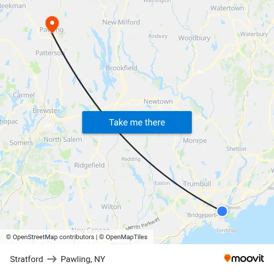Stratford to Pawling, NY map