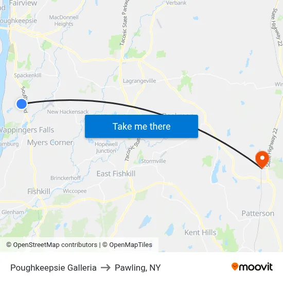 Poughkeepsie Galleria to Pawling, NY map