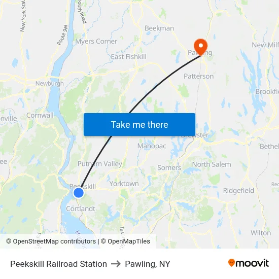 Peekskill Railroad Station to Pawling, NY map