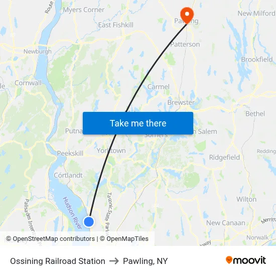Ossining Railroad Station to Pawling, NY map