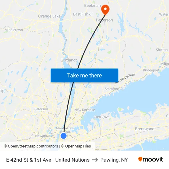 E 42nd St & 1st Ave - United Nations to Pawling, NY map