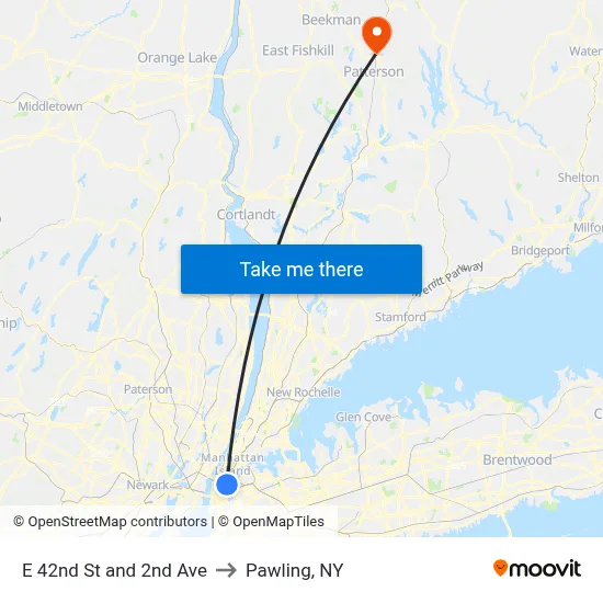 E 42nd St and 2nd Ave to Pawling, NY map