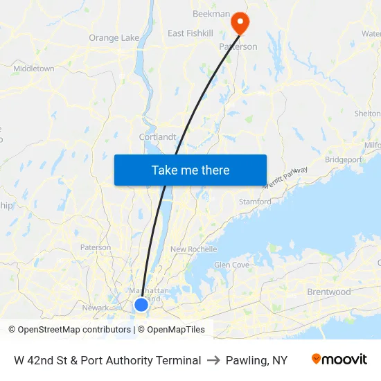 W 42nd St & Port Authority Terminal to Pawling, NY map
