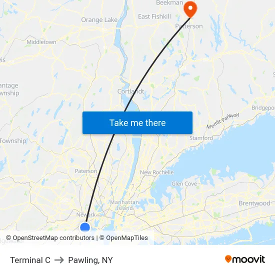 Terminal C to Pawling, NY map