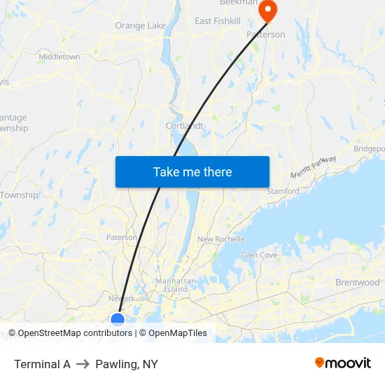 Terminal A to Pawling, NY map