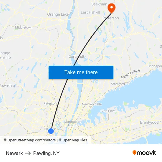 Newark to Pawling, NY map