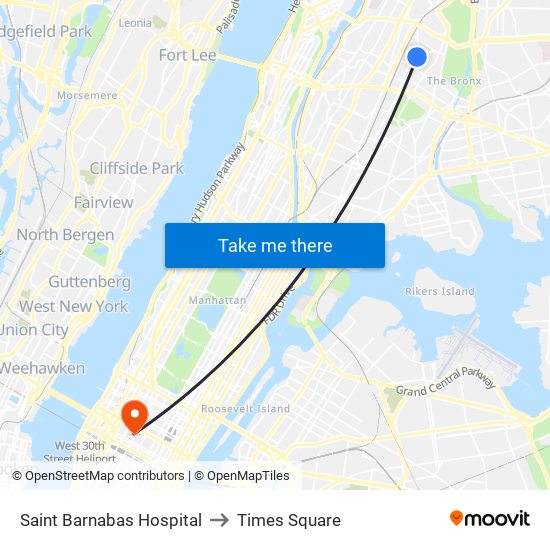 Saint Barnabas Hospital to Times Square map