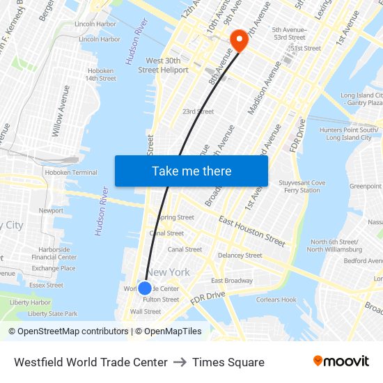 Westfield World Trade Center to Times Square map