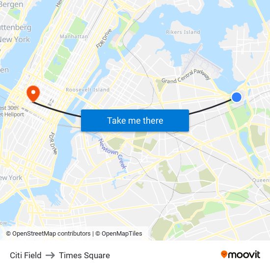 Citi Field to Times Square map