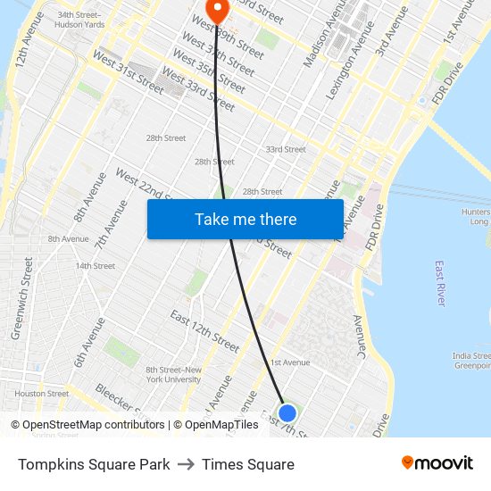 Tompkins Square Park to Times Square map