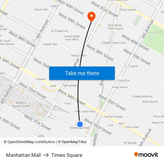 Manhattan Mall to Times Square map