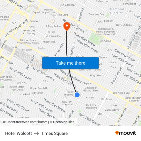 Hotel Wolcott to Times Square map