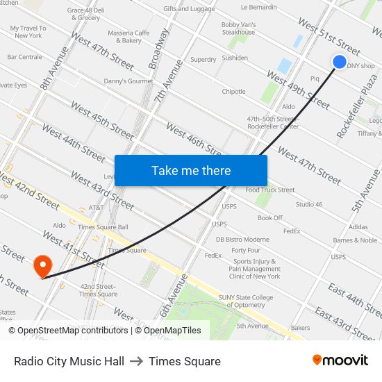 Radio City Music Hall to Times Square map