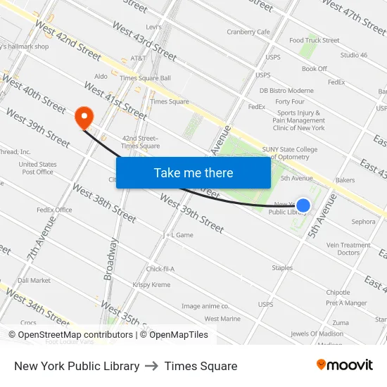New York Public Library to Times Square map