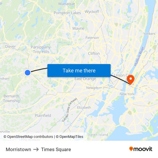 Morristown to Times Square map