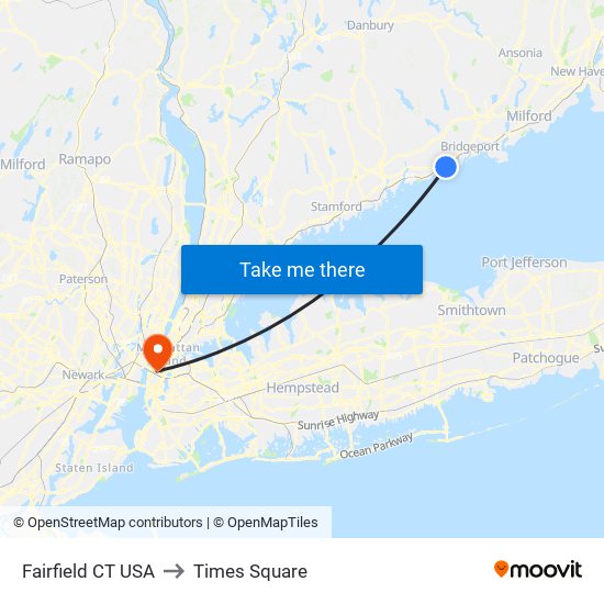 Fairfield CT USA to Times Square map