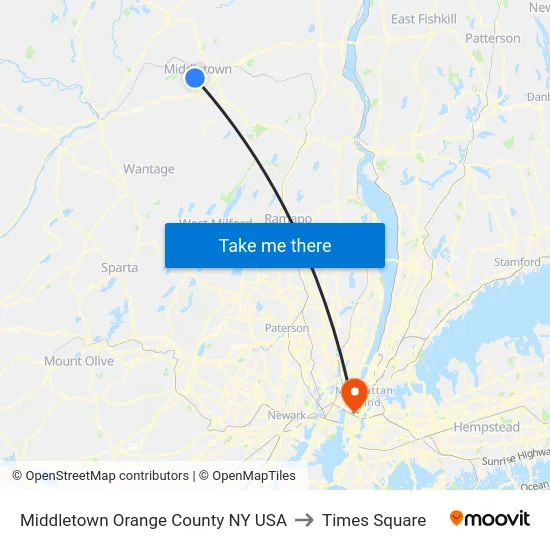 Middletown Orange County NY USA to Times Square map