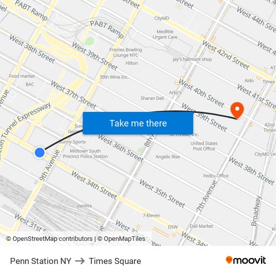 Penn Station NY to Times Square map