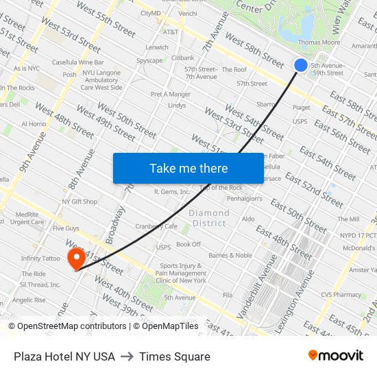 Plaza Hotel NY USA to Times Square map