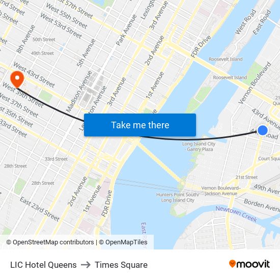 LIC Hotel Queens to Times Square map