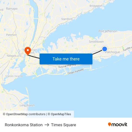 Ronkonkoma Station to Times Square map
