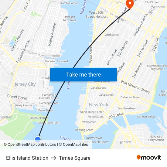 Ellis Island Station to Times Square map