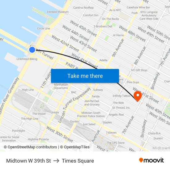 Midtown W 39th St to Times Square map