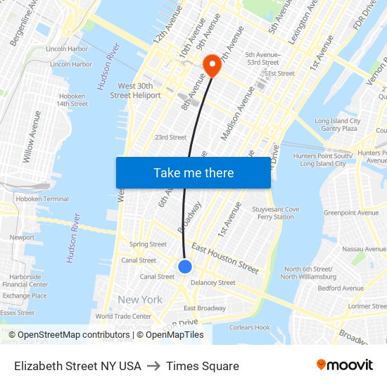 Elizabeth Street NY USA to Times Square map