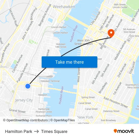 Hamilton Park to Times Square map