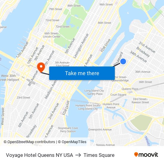 Voyage Hotel Queens NY USA to Times Square map