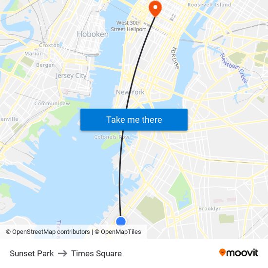 Sunset Park to Times Square map