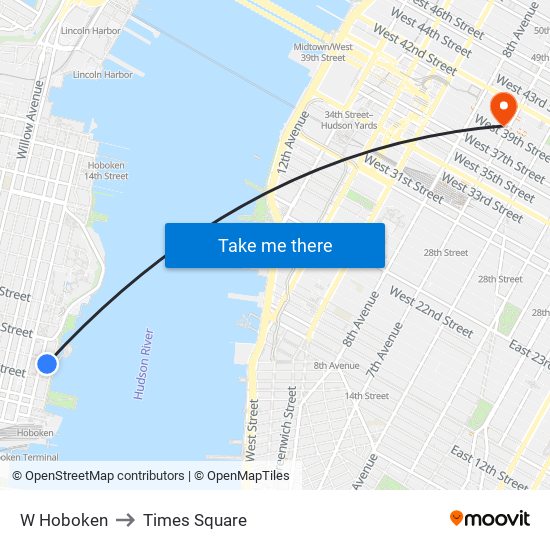 W Hoboken to Times Square map