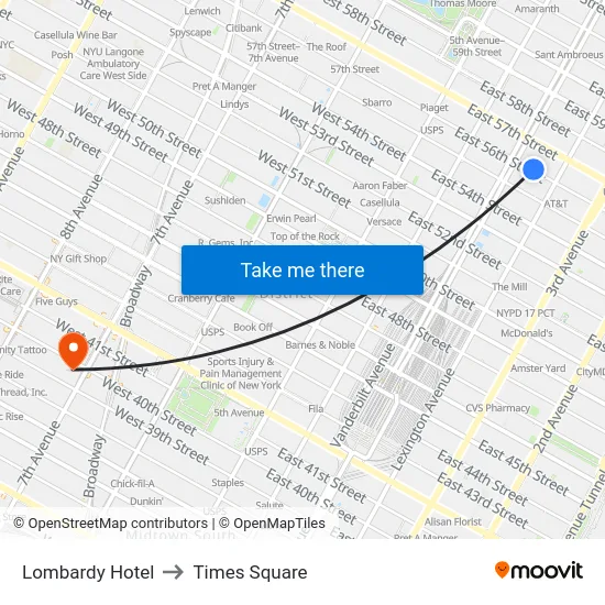 Lombardy Hotel to Times Square map