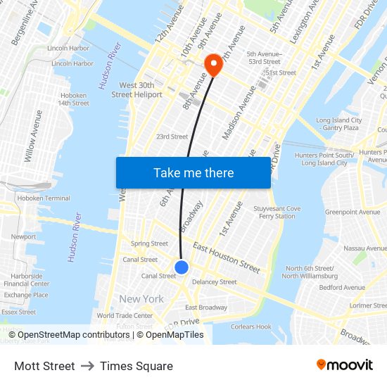 Mott Street to Times Square map