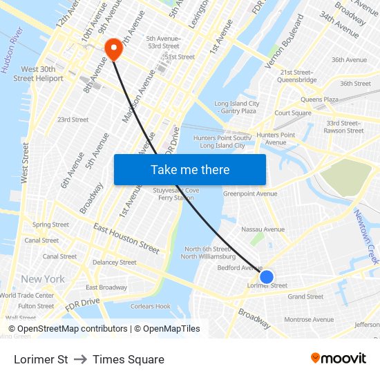 Lorimer St to Times Square map