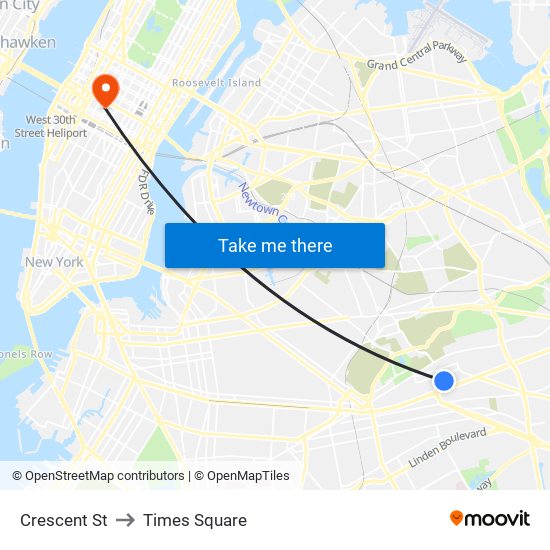Crescent St to Times Square map