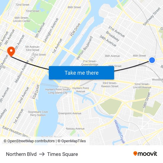 Northern Blvd, Woodside, NY 11377 to Times Square map