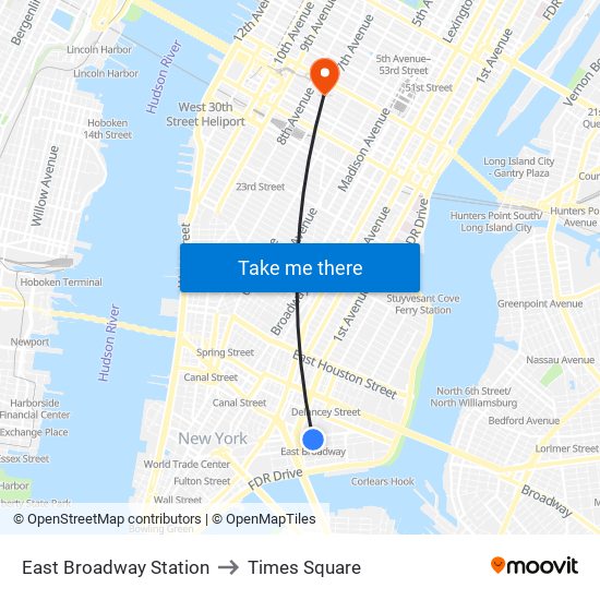 East Broadway Station to Times Square map