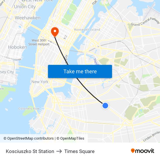 Kosciuszko St Station to Times Square map