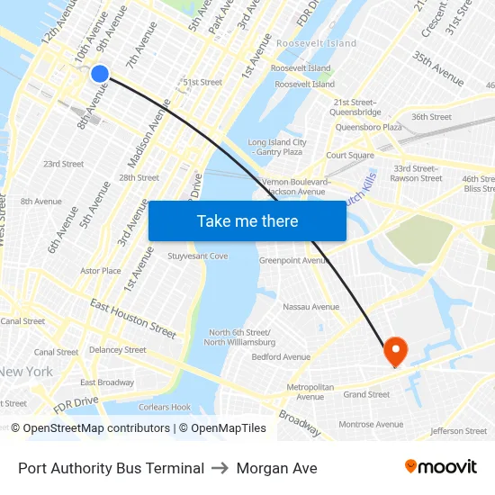 Port Authority Bus Terminal to Morgan Ave map