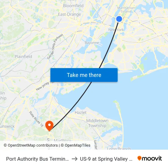 Port Authority Bus Terminal to US-9 at Spring Valley Rd map