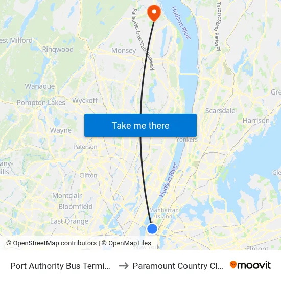 Port Authority Bus Terminal to Paramount Country Club map