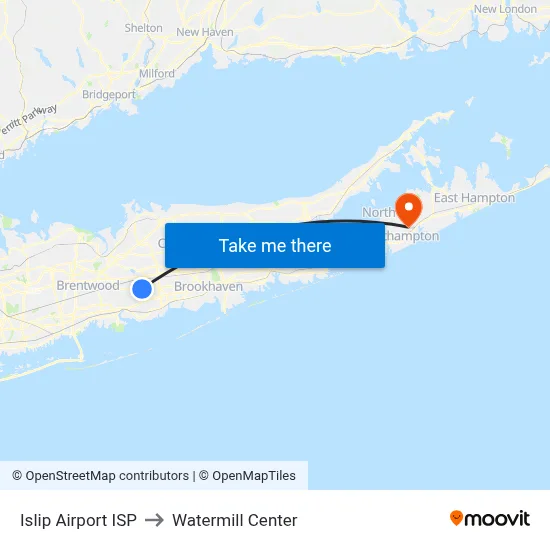 Islip Airport ISP to Watermill Center map