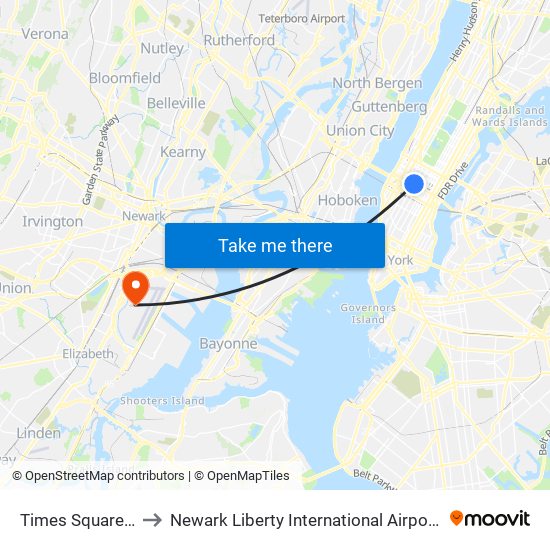 Times Square Ball to Newark Liberty International Airport (EWR) map